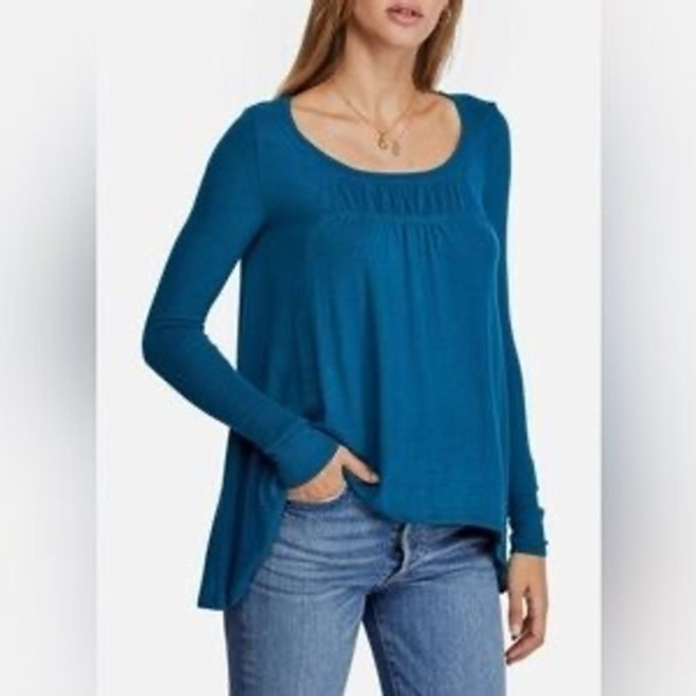 We The Free Free People Teal Blue Ribbed Knit Long Sleeve Tunic Top Boho S